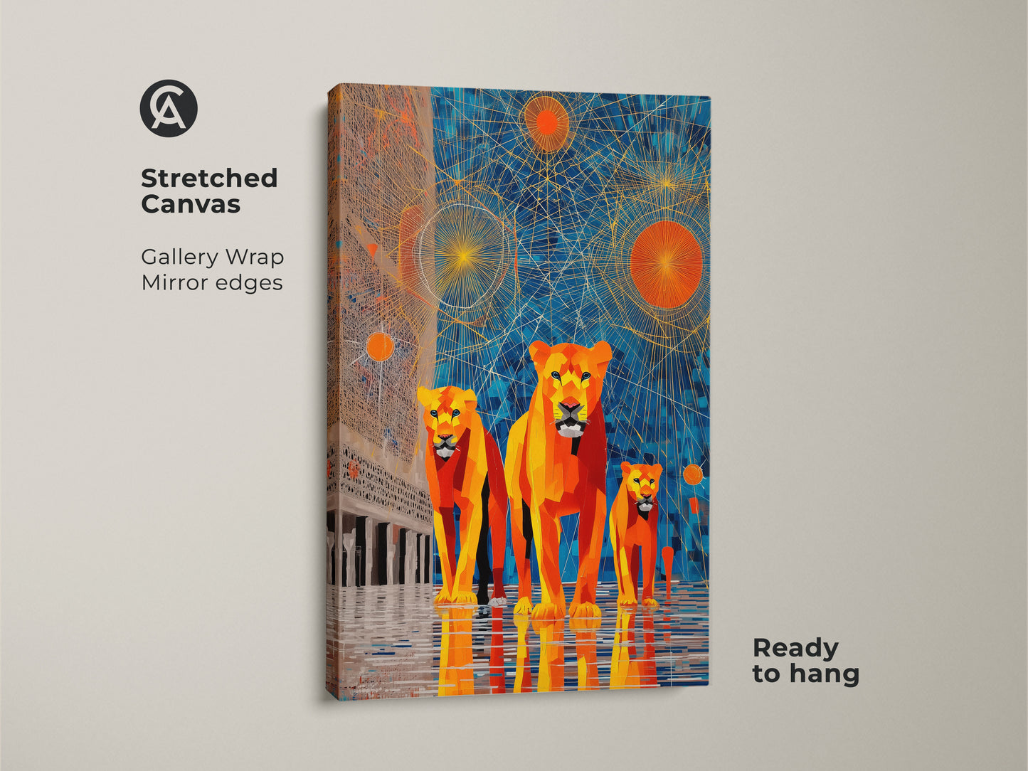 Stretched canvas art showcasing a geometric lion family. It features an abstract sunburst design in blue and orange hues. This contemporary wildlife artwork is ready to hang and brings modern geometric decor to any space. A striking abstract animal print for a bold room accent.