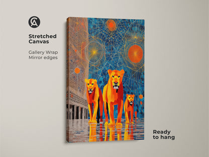 Stretched canvas art showcasing a geometric lion family. It features an abstract sunburst design in blue and orange hues. This contemporary wildlife artwork is ready to hang and brings modern geometric decor to any space. A striking abstract animal print for a bold room accent.