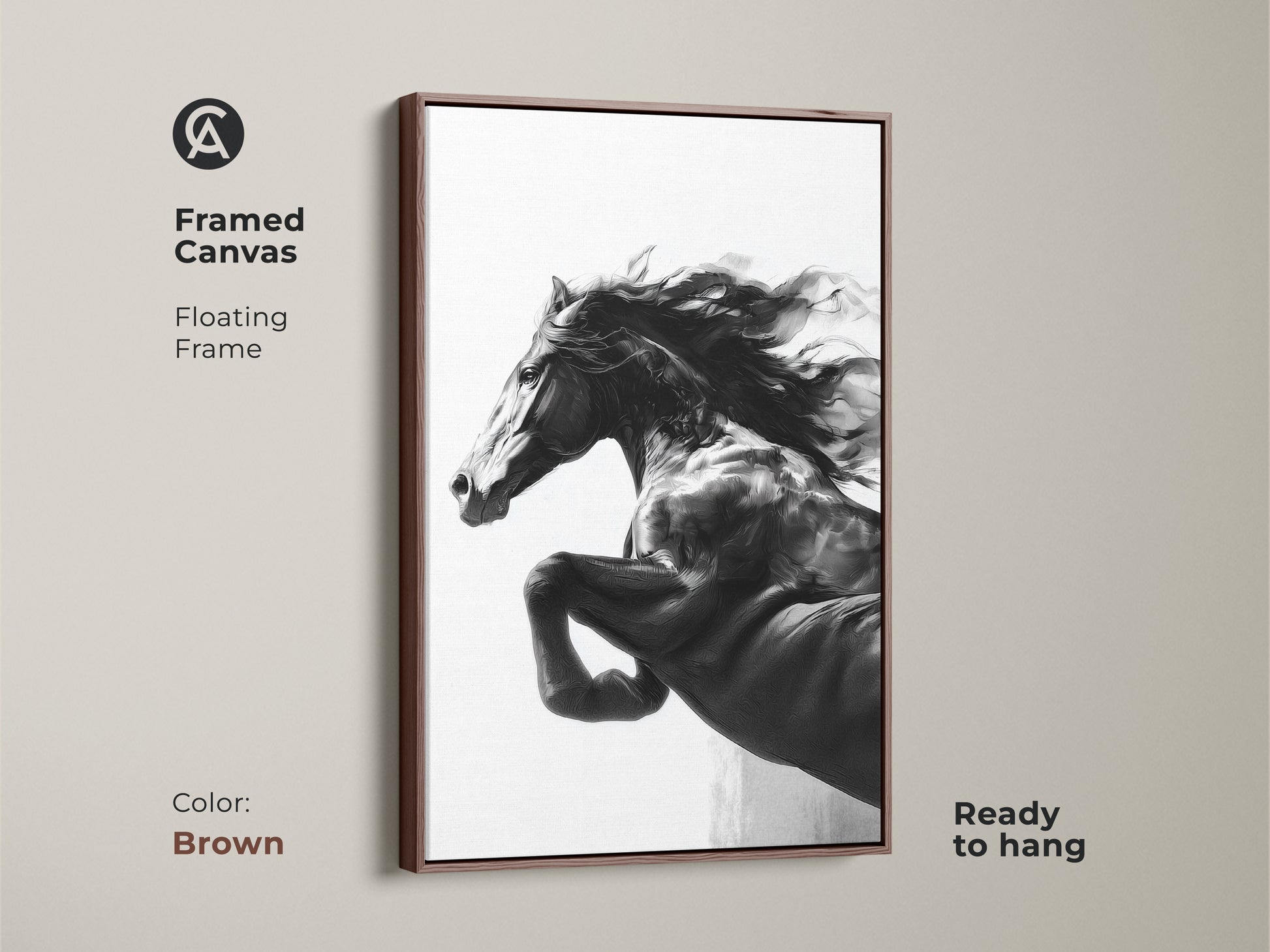 Monochrome horse art on framed canvas with a brown floating frame. The black and white stallion artwork is ready to hang. Contemporary animal decor. A perfect horse lover gift. Bring modern wildlife art into your living space.
