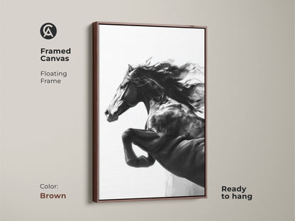 Monochrome horse art on framed canvas with a brown floating frame. The black and white stallion artwork is ready to hang. Contemporary animal decor. A perfect horse lover gift. Bring modern wildlife art into your living space.