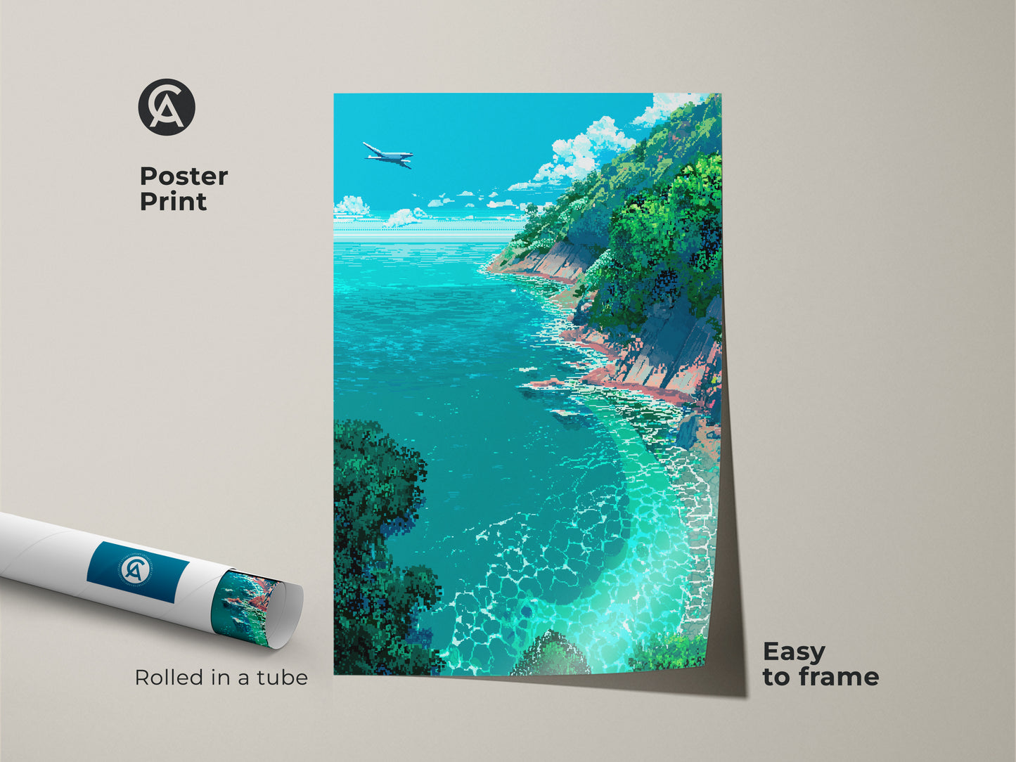 Bring the beauty of the coast home with this poster print. The artwork captures an airplane flying over turquoise waters and vibrant green cliffs. Rolled in a tube and easy to frame this piece adds a serene touch to your decor.