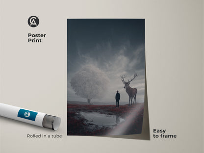 A poster print shows a surreal deer landscape art print. It features deep blue and crimson abstract art. Rolled in a tube for easy framing. It is a mystical fantasy wall art decor. A lone figure nature canvas art.
