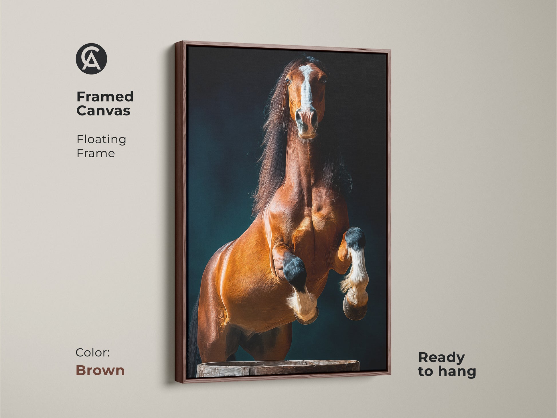 Framed canvas in a brown floating frame shows the rearing chestnut horse. This equestrian home decor brings a touch of contemporary elegance. Perfect for horse lovers. This unique housewarming gift will be appreciated.