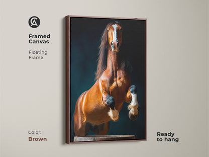 Framed canvas in a brown floating frame shows the rearing chestnut horse. This equestrian home decor brings a touch of contemporary elegance. Perfect for horse lovers. This unique housewarming gift will be appreciated.