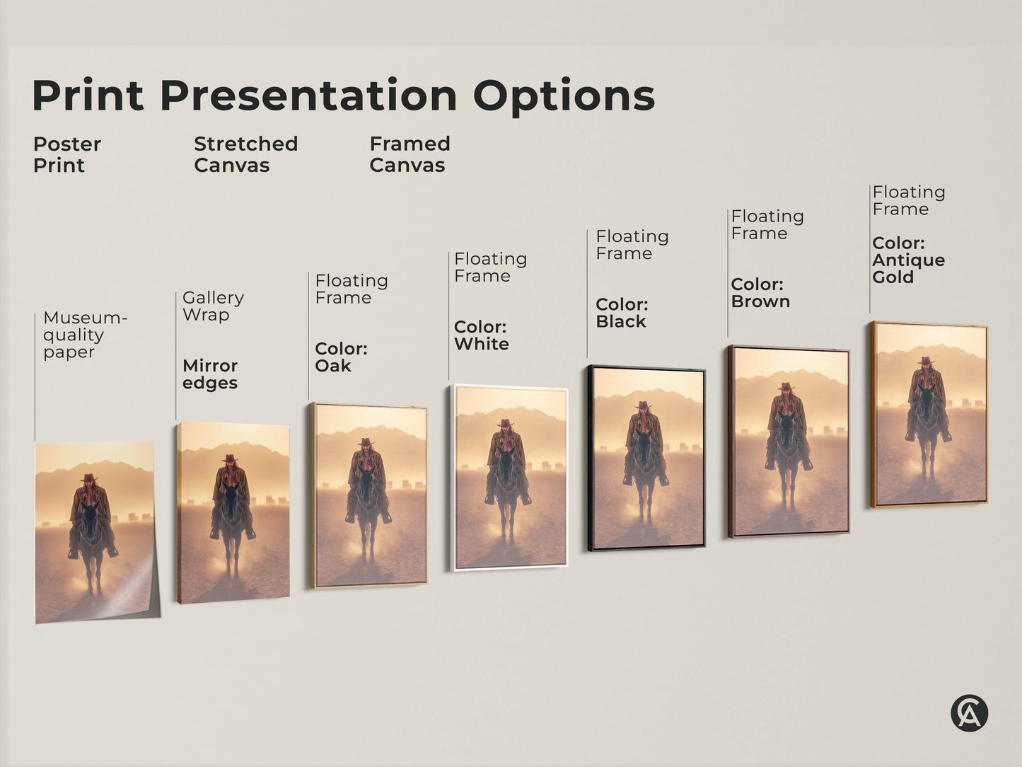 Explore print presentation options for a cowboy on horseback artwork. Choose from poster print stretched canvas or framed canvas. Featuring museum-quality paper gallery wrap and floating frames. This rustic western art suits any study room or man cave decor.