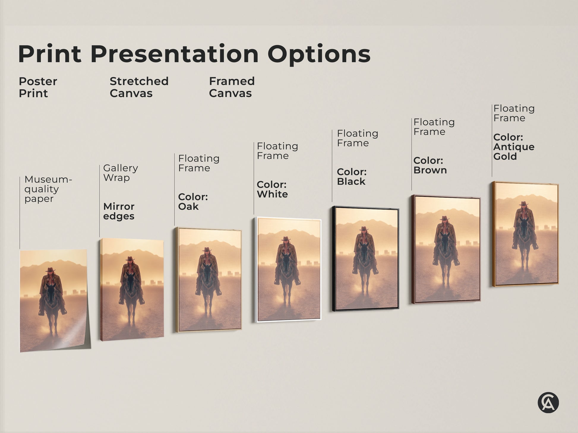 Explore print presentation options for a cowboy on horseback artwork. Choose from poster print stretched canvas or framed canvas. Featuring museum-quality paper gallery wrap and floating frames. This rustic western art suits any study room or man cave decor.