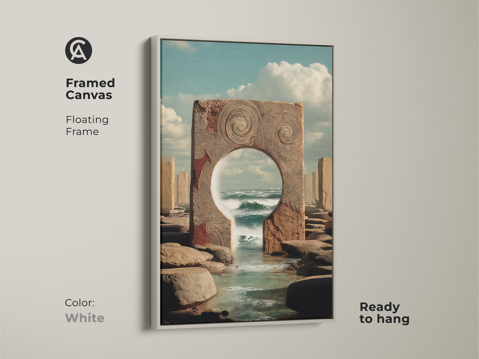 White framed canvas presenting surreal ocean portal artwork. Bring coastal nature wall decor to your living space. Ready to hang unique conceptual artwork. Great for travel inspired decor.