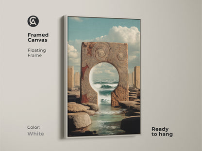 White framed canvas presenting surreal ocean portal artwork. Bring coastal nature wall decor to your living space. Ready to hang unique conceptual artwork. Great for travel inspired decor.