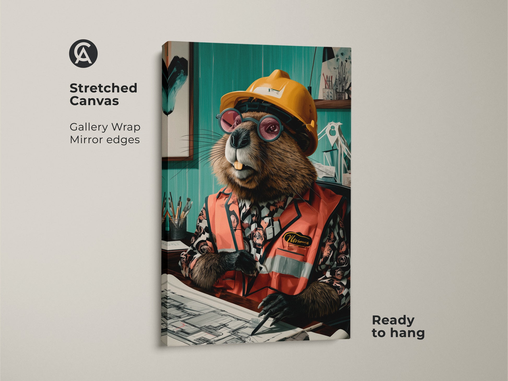 Stretched canvas print of a beaver engineer. A great construction worker gift idea. The gallery wrap features mirror edges. Ready to hang and adds humor to any office. Animal art for construction themed decor lovers.