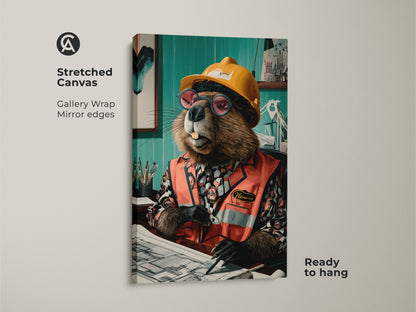 Stretched canvas print of a beaver engineer. A great construction worker gift idea. The gallery wrap features mirror edges. Ready to hang and adds humor to any office. Animal art for construction themed decor lovers.