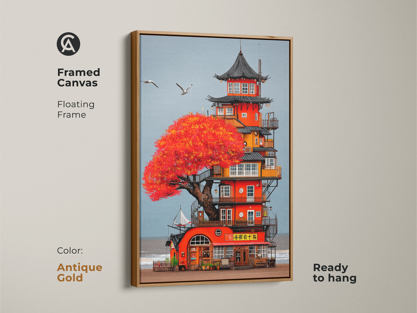 Framed white canvas art featuring a whimsical Japanese Pagoda coastal tower. The artwork shows a red tree seascape with boho beach home decor influences. Floating frame makes it ready to hang as fantasy travel gift.