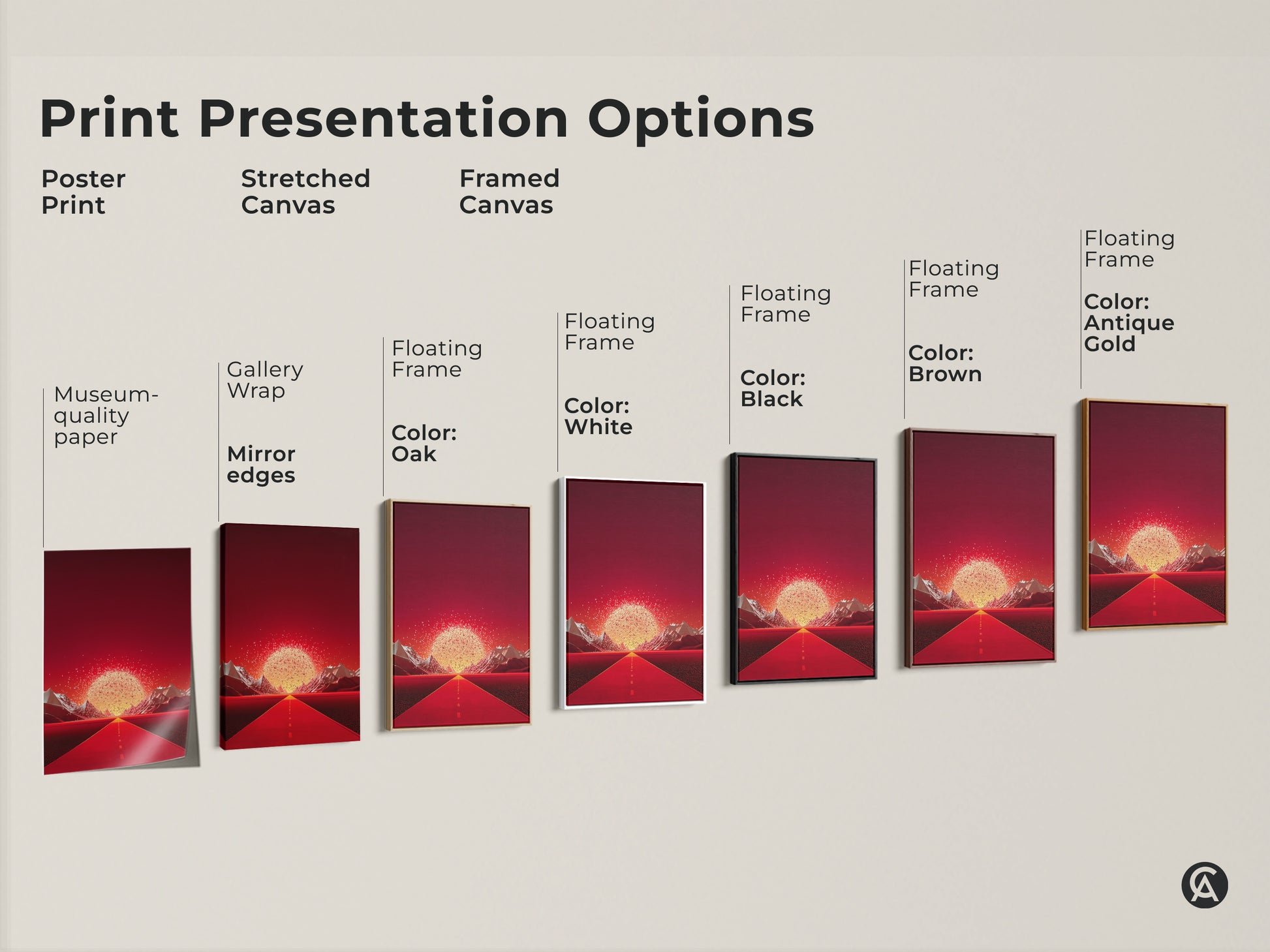Print presentation options show various formats of the crimson road wall art. Poster prints stretched canvas and framed canvas options are displayed. Each features the surreal mountain canvas. Choose the perfect format for your gold abstract landscape. A contemporary entryway decor choice.