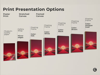 Print presentation options show various formats of the crimson road wall art. Poster prints stretched canvas and framed canvas options are displayed. Each features the surreal mountain canvas. Choose the perfect format for your gold abstract landscape. A contemporary entryway decor choice.
