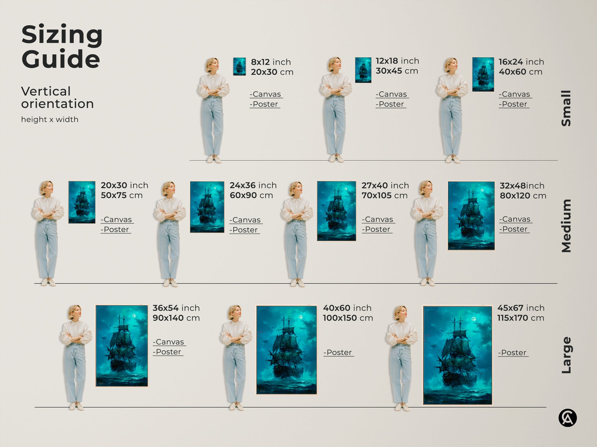 Sizing guide for pirate ship artwork. Visualize different sizes with our vertical orientation guide. Options available in canvas and poster. Find the perfect fit for your space. Small medium and large sizes available. Transform your home today