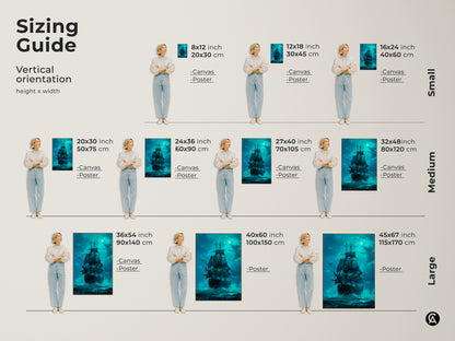 Sizing guide for pirate ship artwork. Visualize different sizes with our vertical orientation guide. Options available in canvas and poster. Find the perfect fit for your space. Small medium and large sizes available. Transform your home today