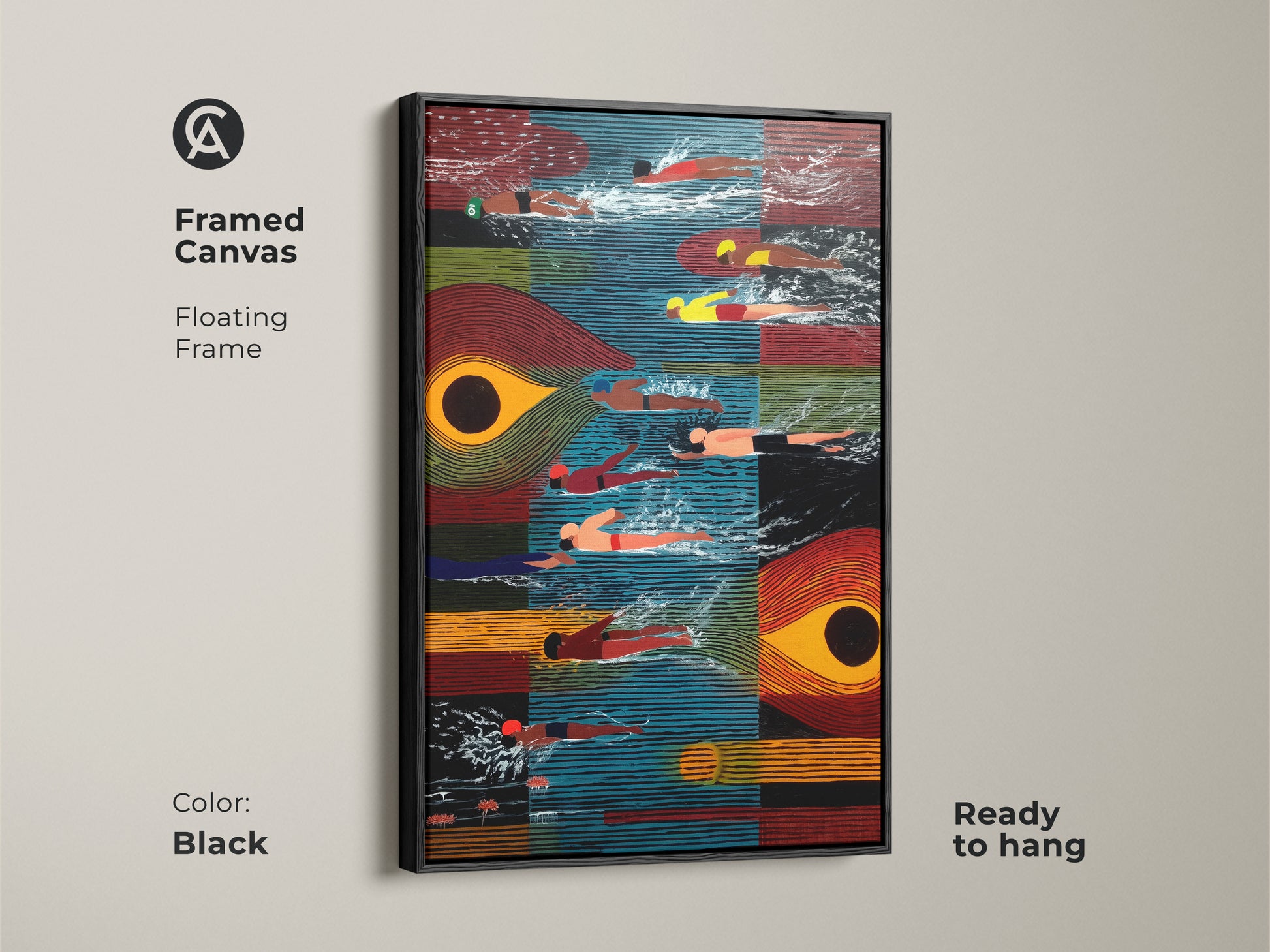 This framed canvas showcases mid-century modern abstract swimmers. The floating frame is black adding sophistication. Ready to hang this unique artwork enhances any room. It features vibrant orange blue and red colors. It's a perfect sports themed wall art. This artwork is a great gift for swimmers.