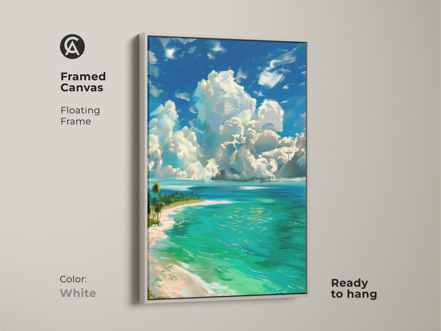Elevate your home decor with this framed beach artwork. The white floating frame highlights the turquoise ocean and white sand. This serene canvas print is ready to hang bringing a fresh coastal vibe to your space.