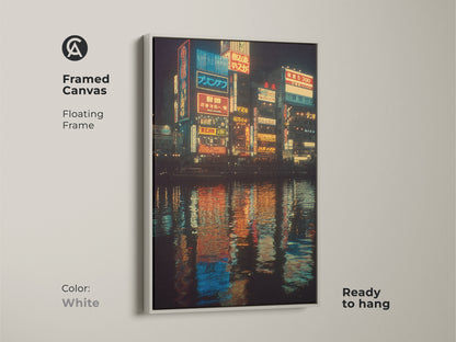 A white floating frame highlights this canvas print of Japanese neon art. This blue yellow and orange cityscape wall decor is ready to hang. It's an ideal contemporary piece for any home or office space.