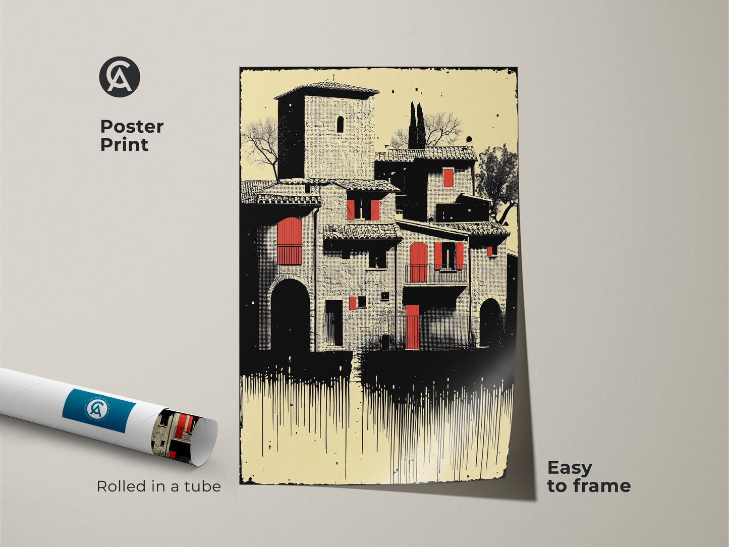 Poster print featuring a Tuscan village in an illustrative style. The cream red black artwork captures Italian architecture. An easy to frame travel lover gift rolled in a tube making it a unique and artistic travel souvenir or eclectic wall decor.