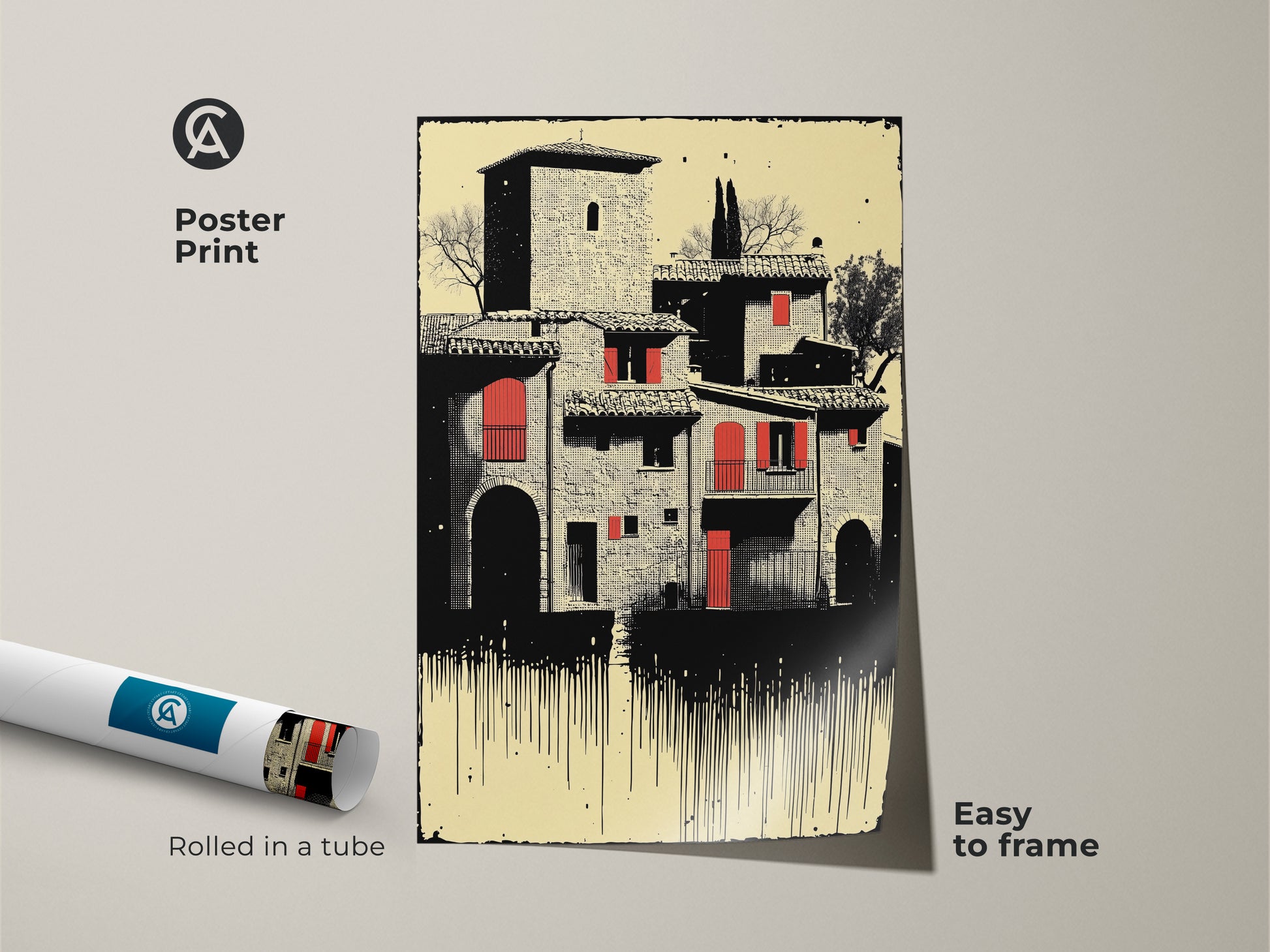 Poster print featuring a Tuscan village in an illustrative style. The cream red black artwork captures Italian architecture. An easy to frame travel lover gift rolled in a tube making it a unique and artistic travel souvenir or eclectic wall decor.