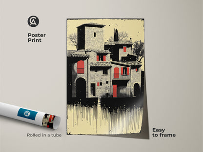 Poster print featuring a Tuscan village in an illustrative style. The cream red black artwork captures Italian architecture. An easy to frame travel lover gift rolled in a tube making it a unique and artistic travel souvenir or eclectic wall decor.