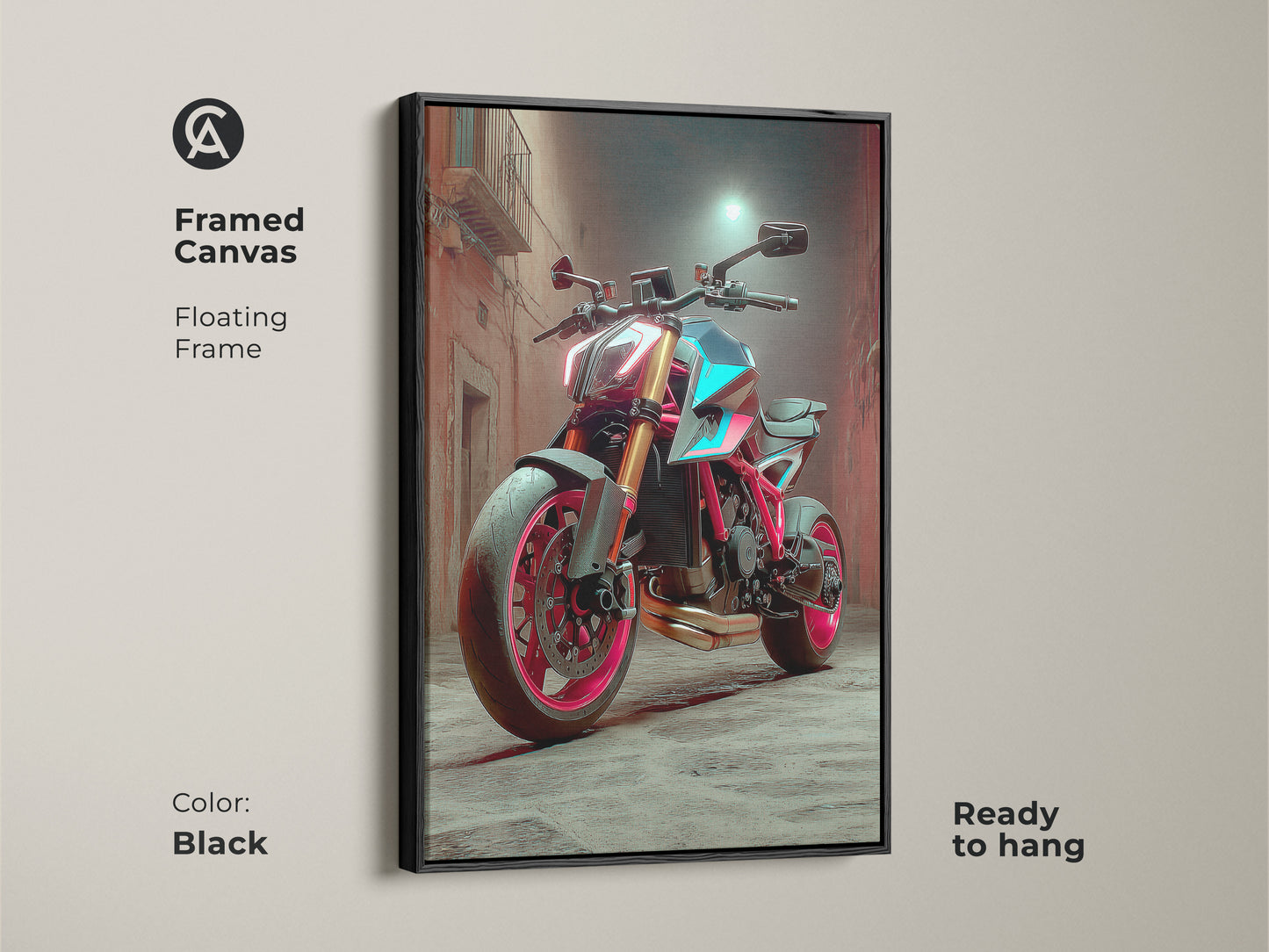 Framed Canvas featuring a Cyberpunk Motorcycle. It has a black floating frame. This neon street art decor is ready to hang. This is a tech-inspired wall art with red pink and teal colors. Perfect for office motorcycle decor.