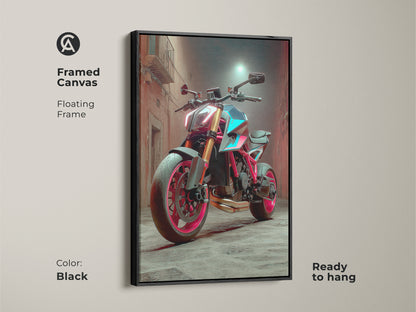 Framed Canvas featuring a Cyberpunk Motorcycle. It has a black floating frame. This neon street art decor is ready to hang. This is a tech-inspired wall art with red pink and teal colors. Perfect for office motorcycle decor.