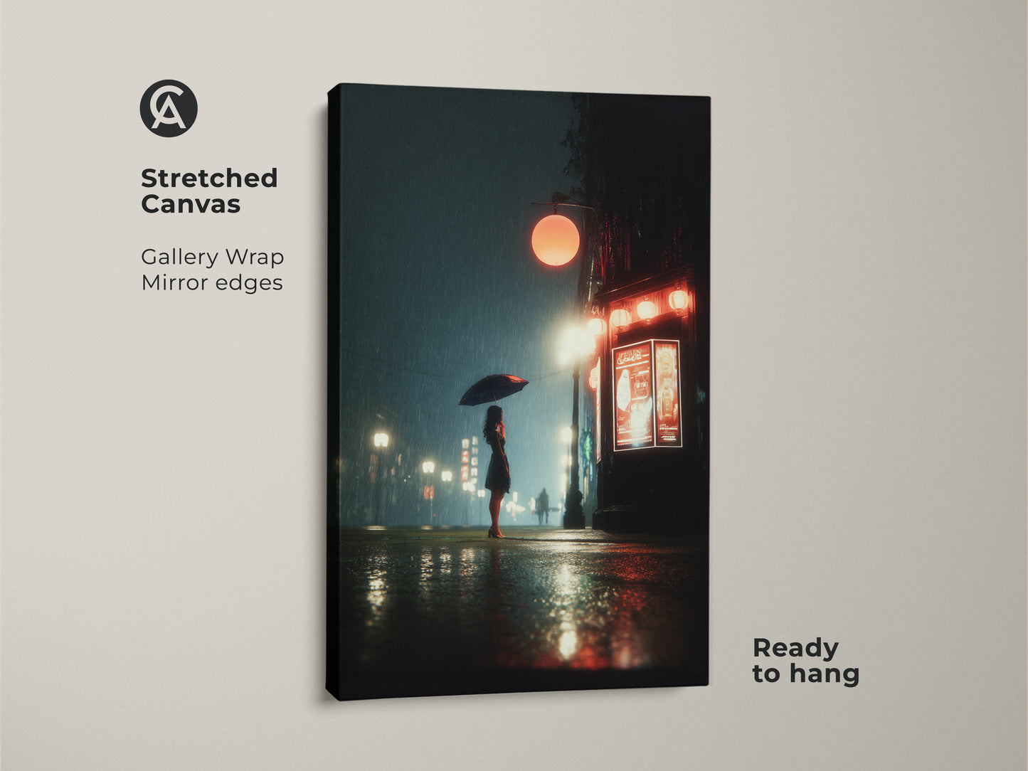 Stretched canvas of a rainy cityscape at night. Gallery wrap with mirror edges. The artwork features a woman with an umbrella. This deep blue and orange print is ready to hang. Ideal for contemporary urban decor and residential art.