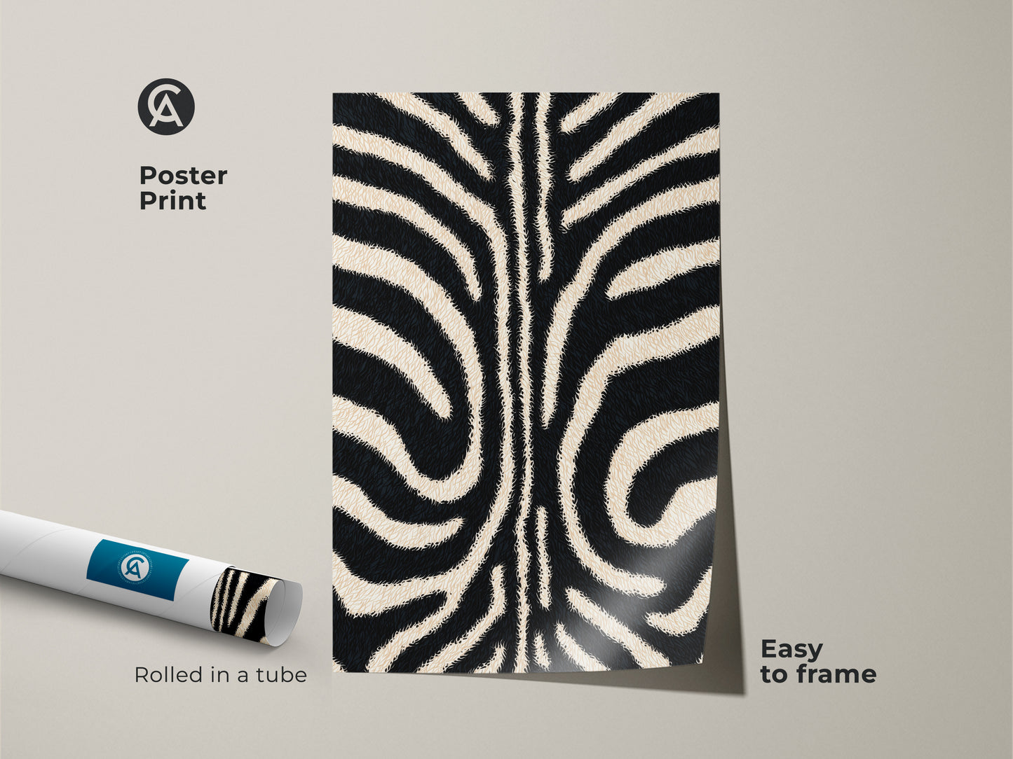 A rolled poster print shows a zebra stripe pattern. The minimalist animal art is easy to frame. Its beige and black stripes provide a modern abstract decor. Perfect for a chic bedroom or living room.