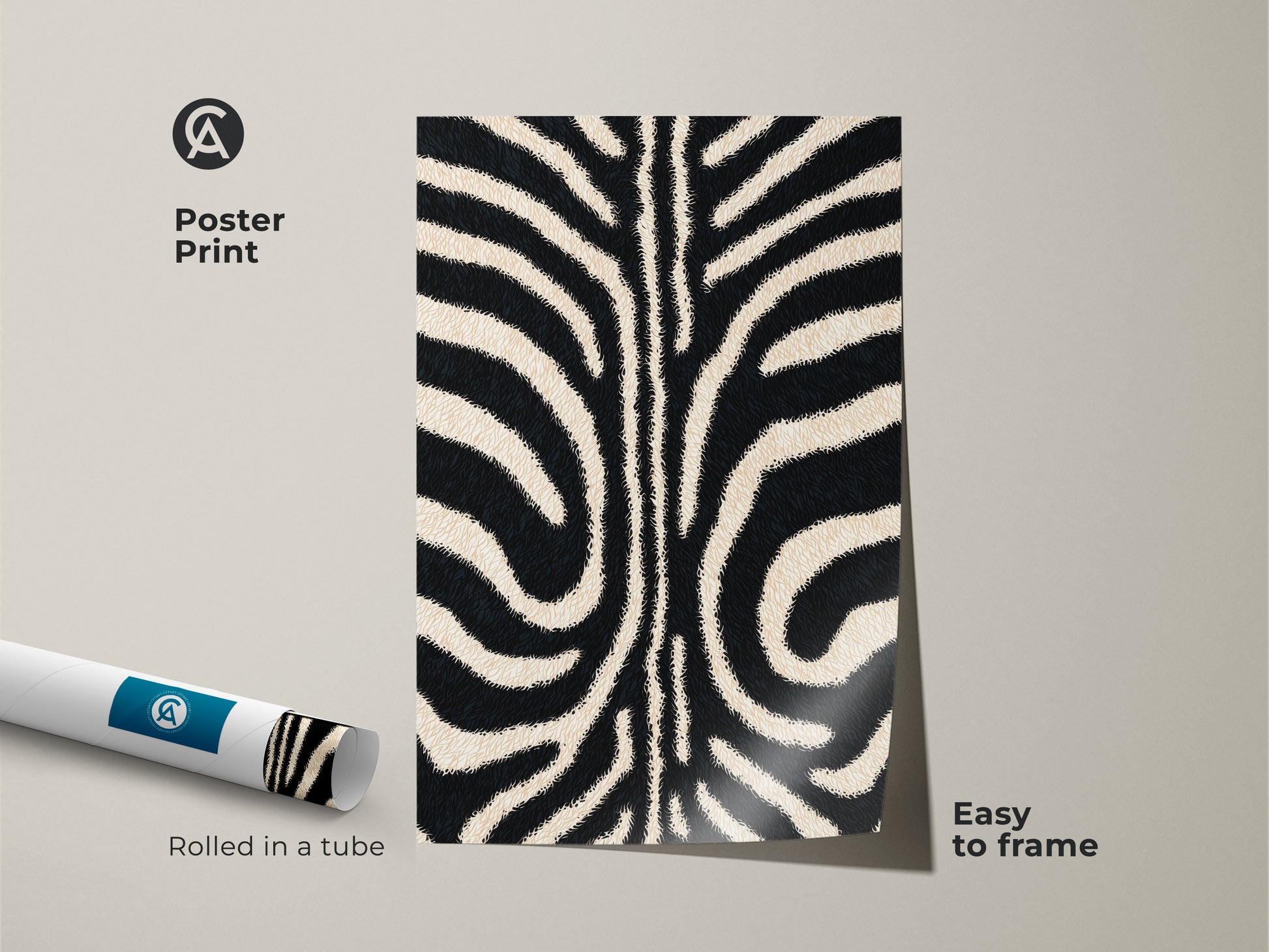 A rolled poster print shows a zebra stripe pattern. The minimalist animal art is easy to frame. Its beige and black stripes provide a modern abstract decor. Perfect for a chic bedroom or living room.
