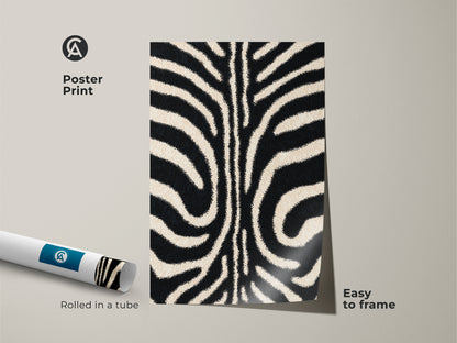 A rolled poster print shows a zebra stripe pattern. The minimalist animal art is easy to frame. Its beige and black stripes provide a modern abstract decor. Perfect for a chic bedroom or living room.