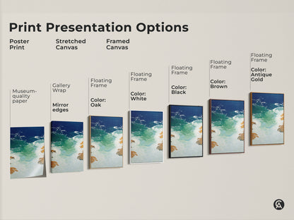 Explore print presentation options with abstract seascape wall artwork. See poster prints stretched canvas and framed canvas choices. Discover museum quality paper gallery wrap and floating frame options. Select from white oak black brown antique gold frame colors. Enhance your coastal modern wall art collection. Find perfect beach lover gift for any occasion.