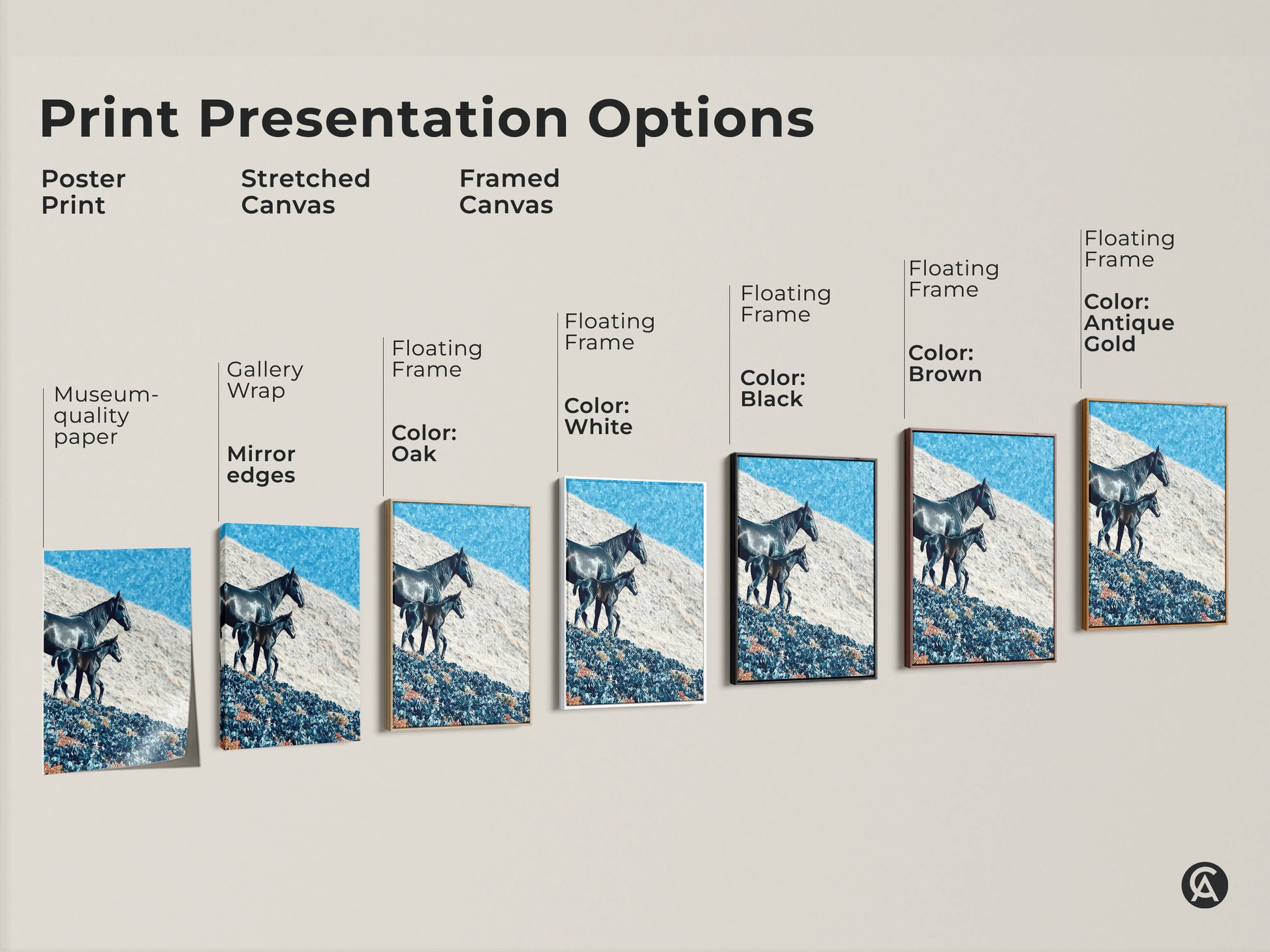 Explore print presentation options featuring horse and foal art. See poster prints stretched canvases and framed art. Options include gallery wrap and floating frames. Each is ideal for horse themed decor.