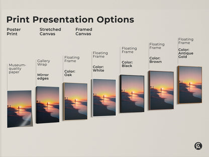 Explore print presentation options for beach sunset art. See poster prints stretched canvas and framed canvas choices. Each features a solitary walker and lifeguard tower. Choose museum quality paper gallery wrap or floating frames. Find the ideal style.