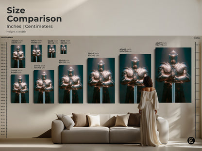 Size comparison of the bronze teal knight artwork in various sizes. Inches and centimeters are shown. See how the sizes fit in a living room setting. Choose the perfect size for your dark fantasy decor. Canvas and poster prints are available. This gothic warrior art is a perfect gift.