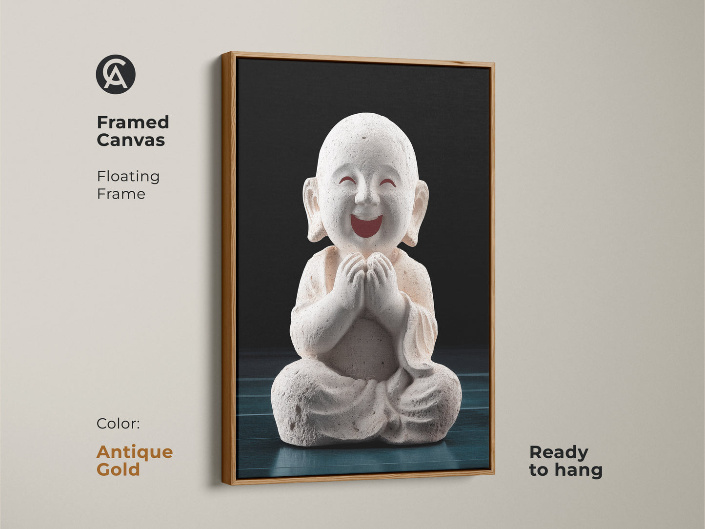 Framed Canvas showcasing Minimalist Buddha Wall Art in antique gold frame. This zen buddhism print arrives ready to hang. Create a peaceful bedroom decor with this meditation gift art.