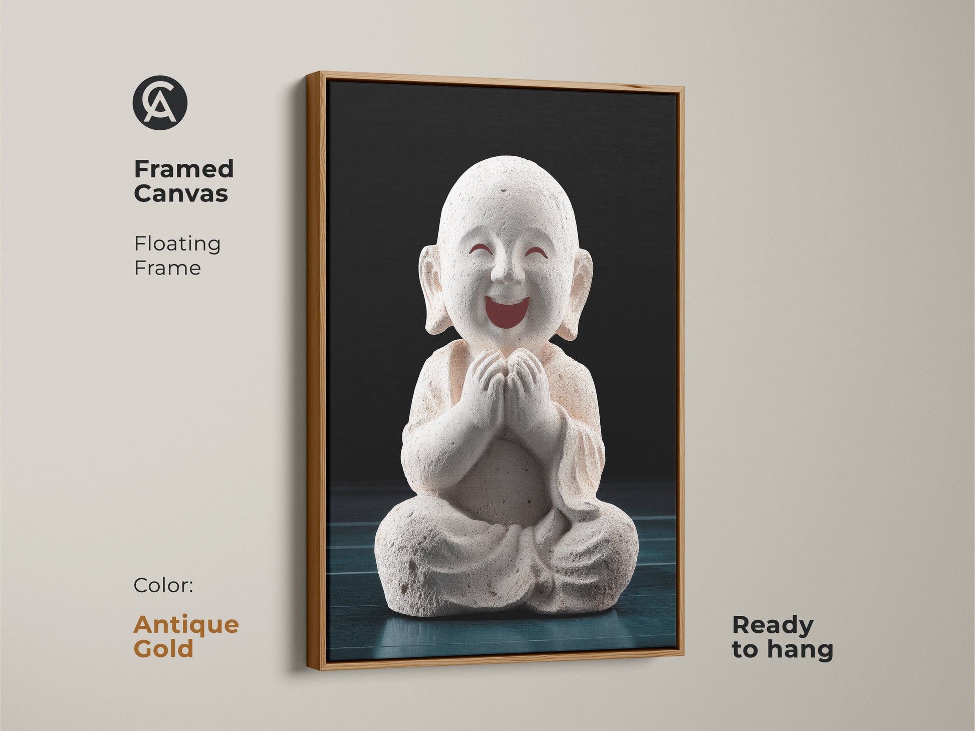 Framed Canvas showcasing Minimalist Buddha Wall Art in antique gold frame. This zen buddhism print arrives ready to hang. Create a peaceful bedroom decor with this meditation gift art.