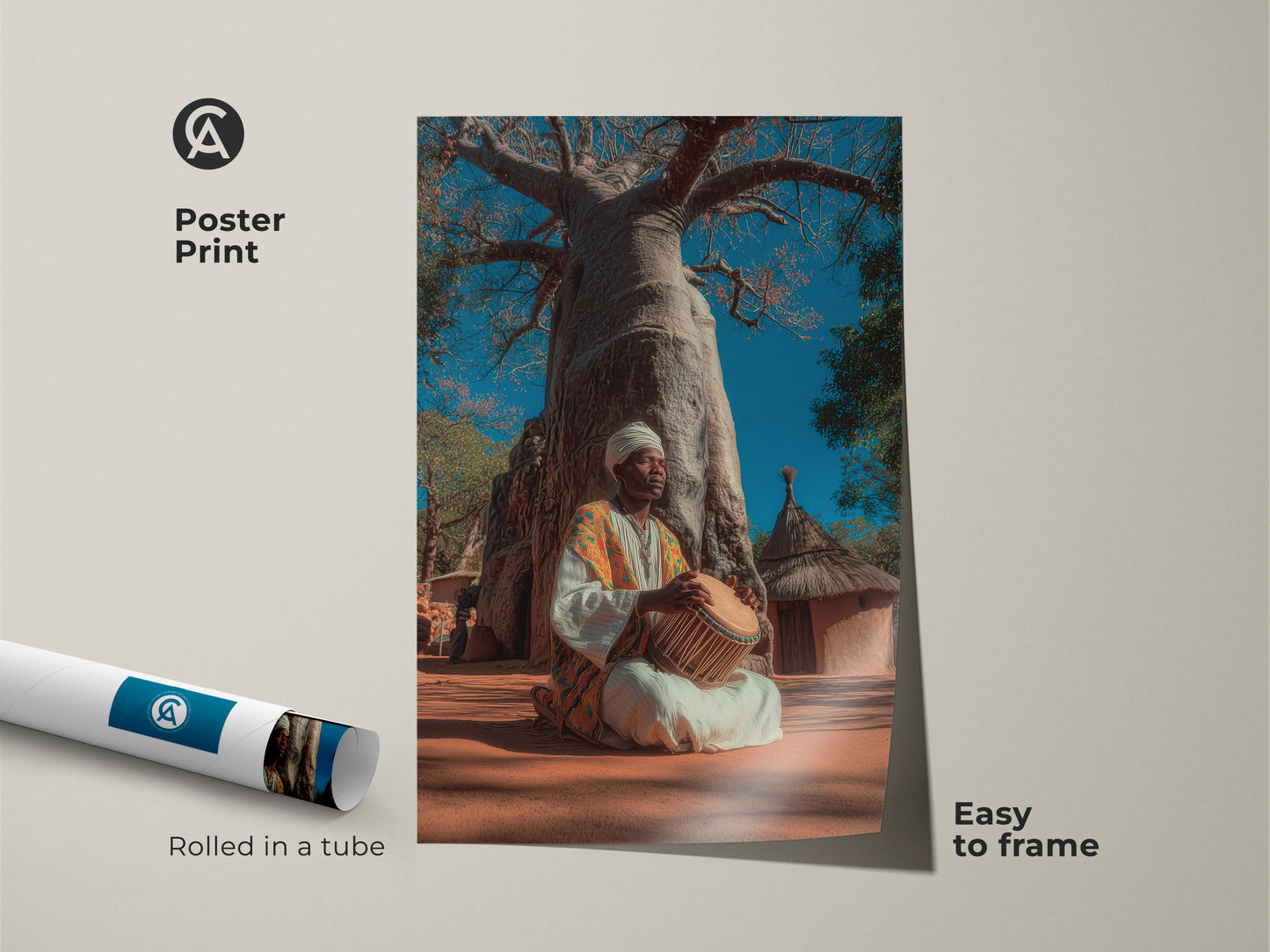 Poster print of an African musician and Baobab tree. Rolled in a tube and easy to frame. This tribal artwork showcases a boho culture canvas art. The earth tones folk art is blue and orange. This musician playing drum art is unique.