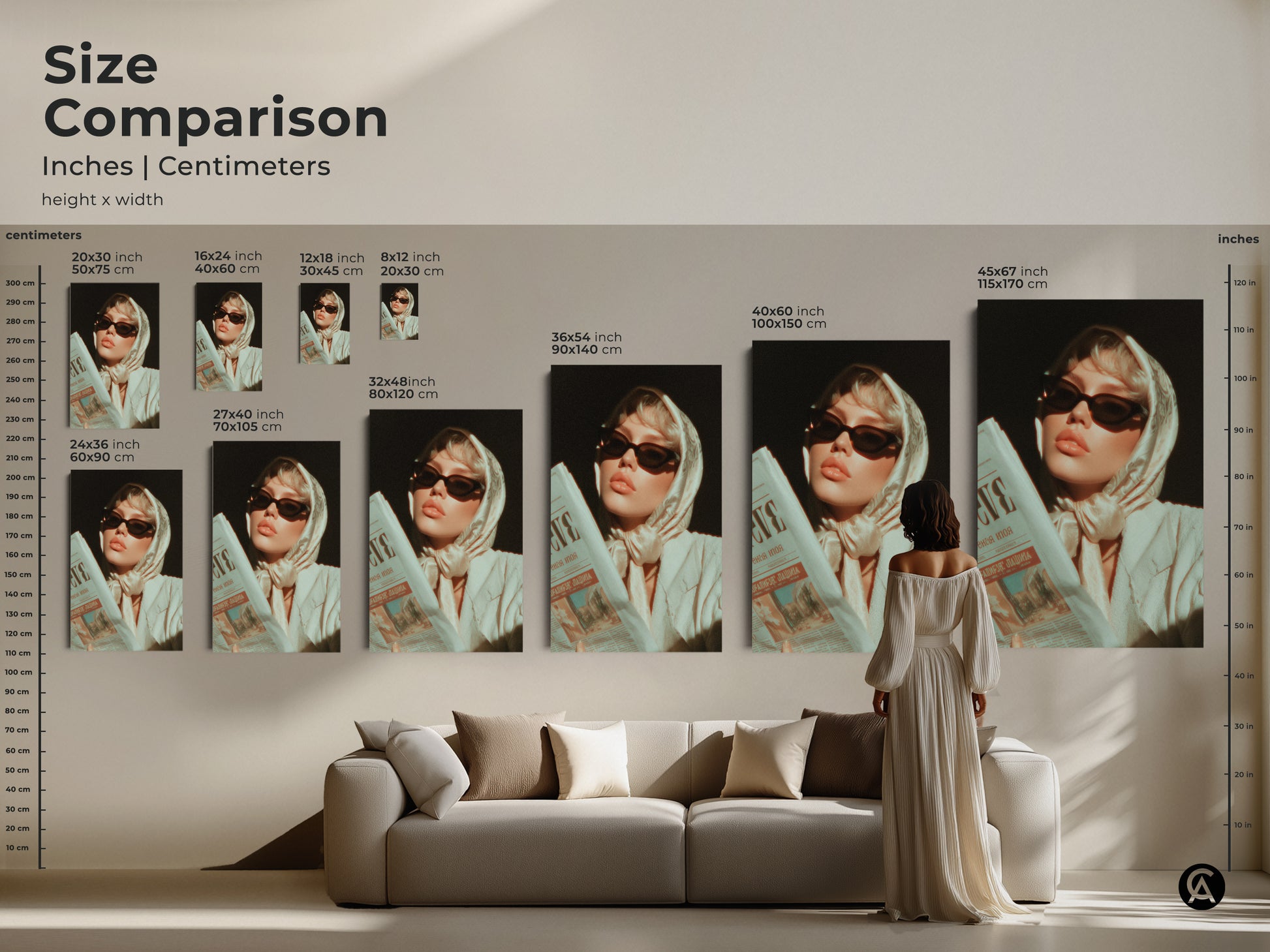 Size Comparison of Retro Glamour Fashion Portrait. See this cream beige aesthetic art print in different sizes. Visualized in inches and centimeters.  Perfect for eclectic style home decor. Find the right fit for your space.