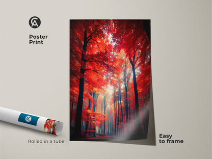 Poster print featuring a beautiful red forest. Rolled in a tube for protection this print is easy to frame. The vibrant colors and detailed scenery make it a stunning addition to any room. Ideal for nature art lovers.