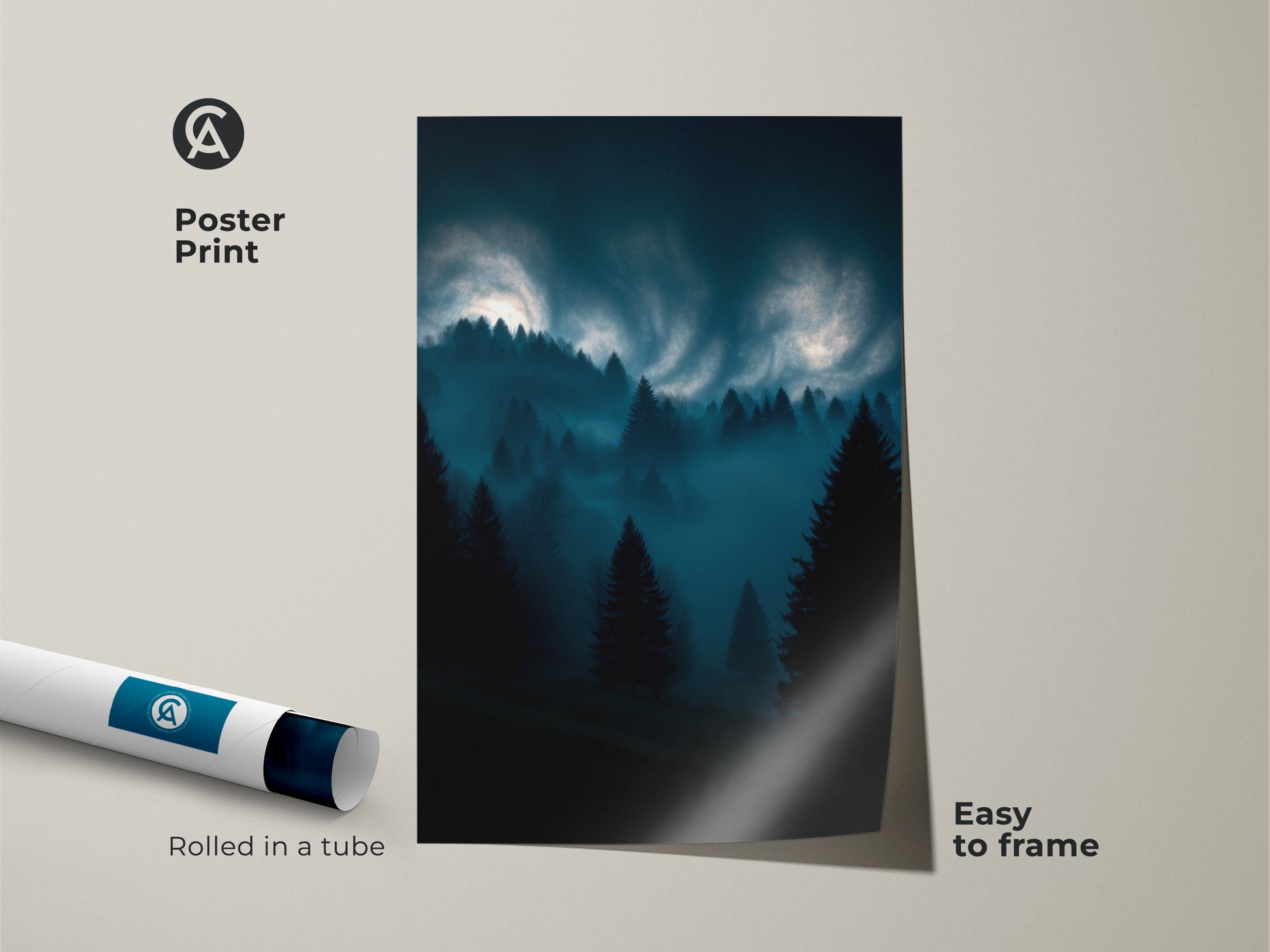 Poster print of a dark teal midnight blue landscape. The modern nature artwork features misty pine trees. The forest scene is easy to frame and adds a serene touch.