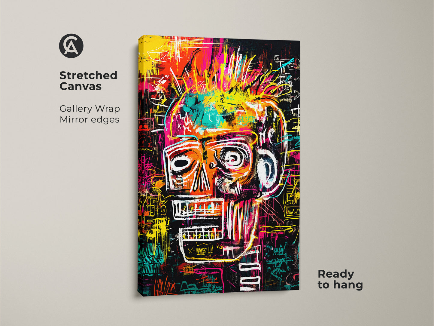 This colorful skull art is gallery-wrapped and ready to hang. The stretched canvas features mirror edges for a seamless look. Add a pop of color and modern flair to your home. It's a perfect statement piece. This artwork is sure to impress your guests and elevate your decor.