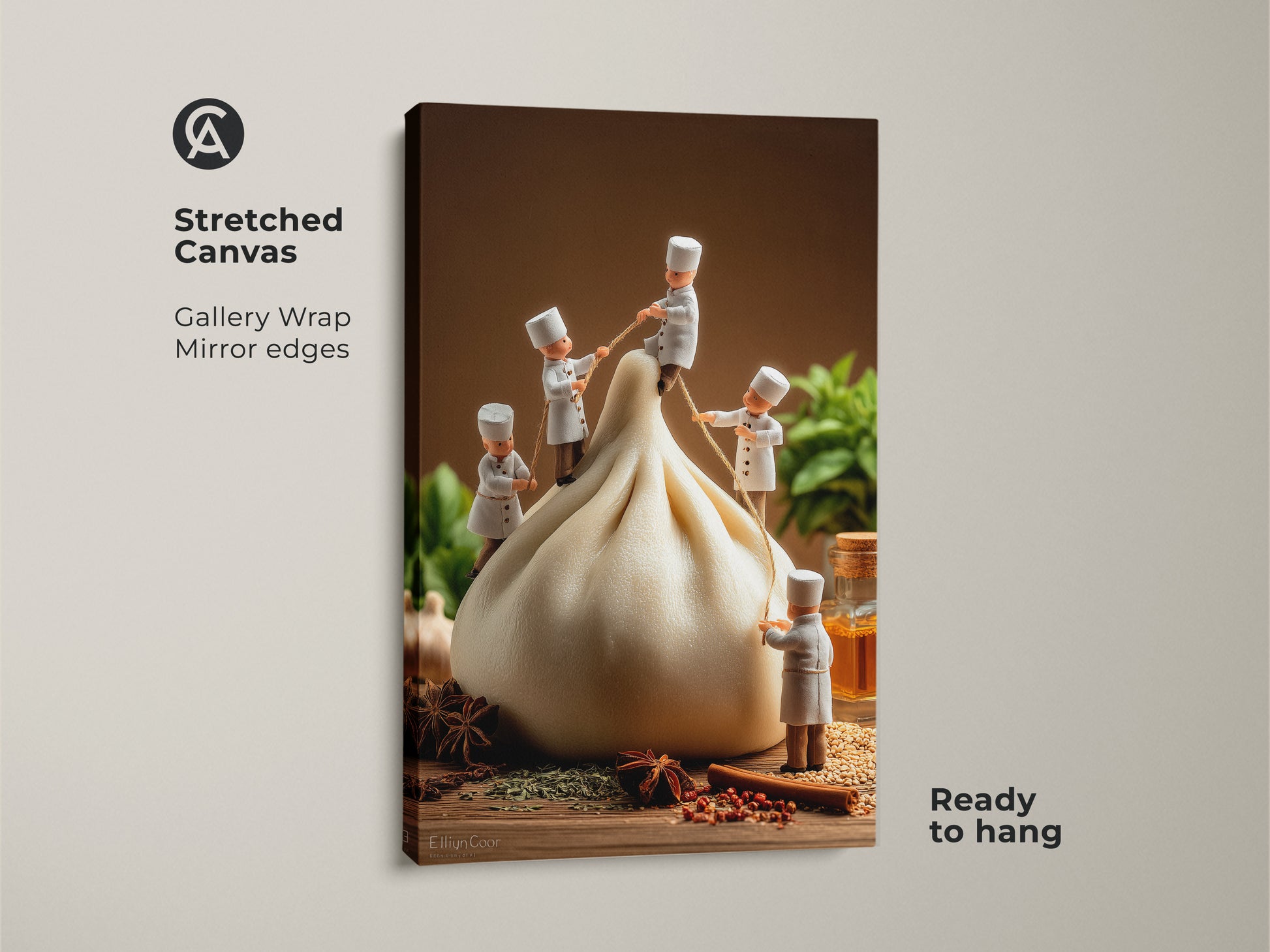 Stretched canvas art print of tiny chefs preparing a dumpling. This gallery-wrapped canvas brings a whimsical touch to your kitchen. The mirror edges enhance the artwork's depth. This piece features a playful culinary scene. Elevate your home decor with this ready-to-hang food-themed artwork.