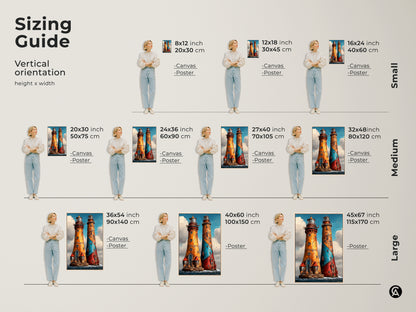 Sizing guide for vertical Steampunk Lighthouse art. Visualize canvas and poster sizes. Find the perfect fit for your coastal decor. Options range from small to large artwork dimensions