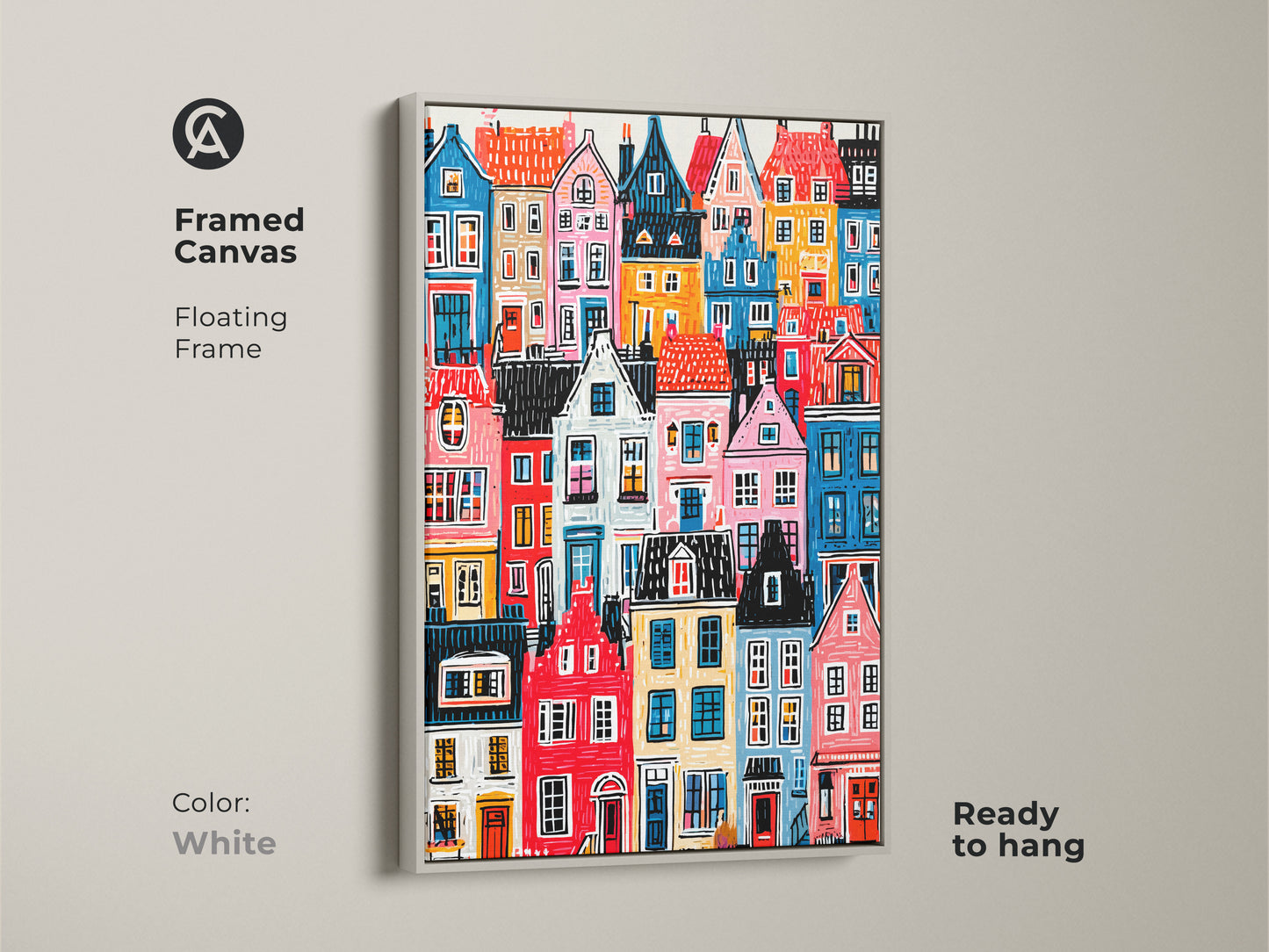 Framed canvas showcasing colorful houses art. It has a white floating frame. The artwork is ready to hang. This vibrant cityscape print is a clean and modern addition to your decor. Art for any room.