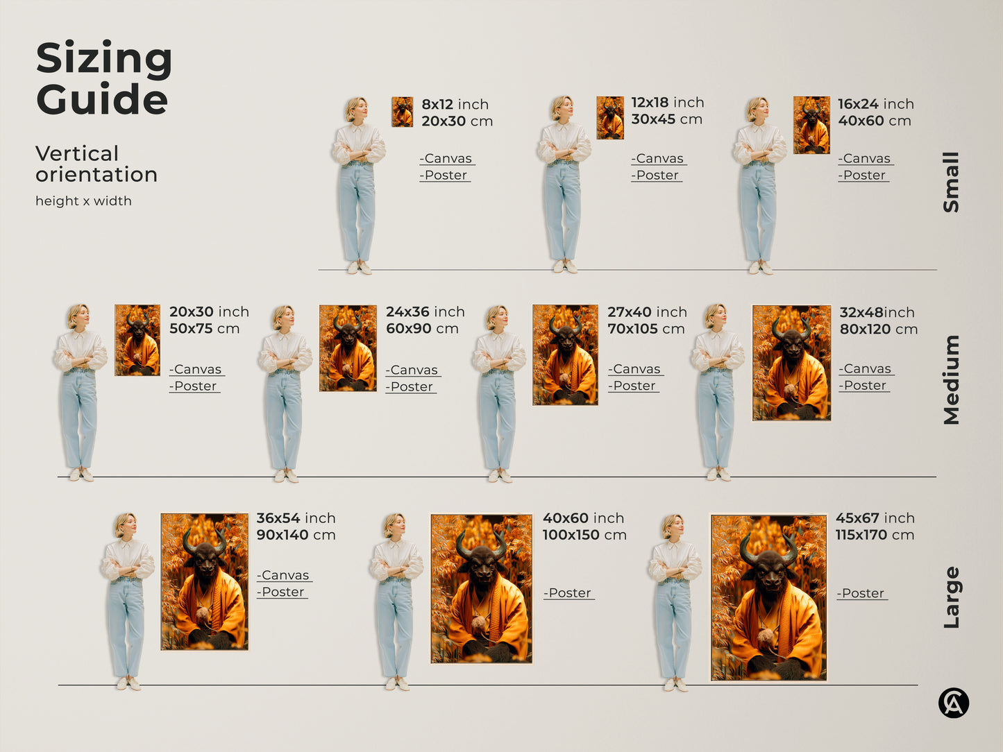 Sizing guide for Minotaur Monk artwork available in vertical orientations. Find the perfect fit for your space with small medium and large sizes. Options include canvas and poster prints. Visualize how each size will look in your home or office.
