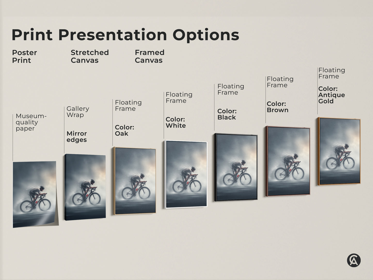 Explore print presentation options for road cyclist artwork. Choose from poster print stretched canvas or framed canvas. Museum-quality paper and gallery wrap with mirror edges available. Floating frames come in oak black brown antique gold and white. Find the perfect style for your modern sports artwork.