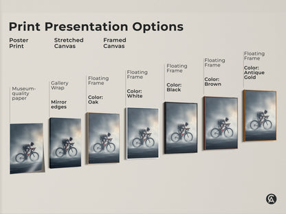 Explore print presentation options for road cyclist artwork. Choose from poster print stretched canvas or framed canvas. Museum-quality paper and gallery wrap with mirror edges available. Floating frames come in oak black brown antique gold and white. Find the perfect style for your modern sports artwork.