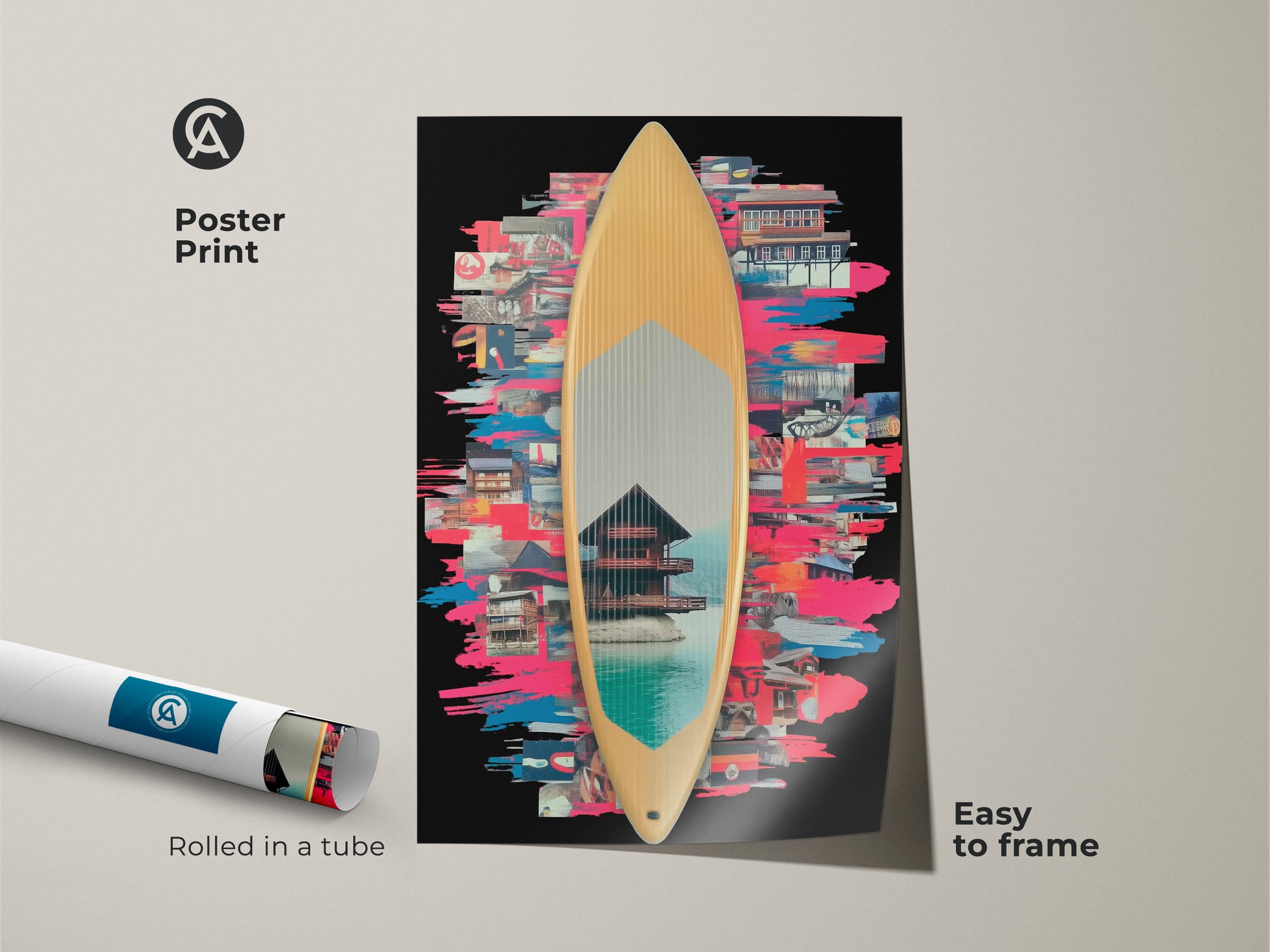 A poster print showcasing surfboard collage art. It's rolled in a tube and easy to frame. The eclectic artwork blends Japanese architecture with abstract brushstrokes. The teal blue and pink adds a unique touch to any room. Great as travel collage print or Asian-inspired art.