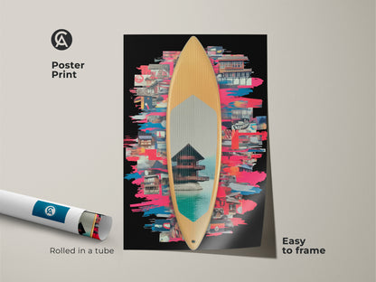 A poster print showcasing surfboard collage art. It's rolled in a tube and easy to frame. The eclectic artwork blends Japanese architecture with abstract brushstrokes. The teal blue and pink adds a unique touch to any room. Great as travel collage print or Asian-inspired art.